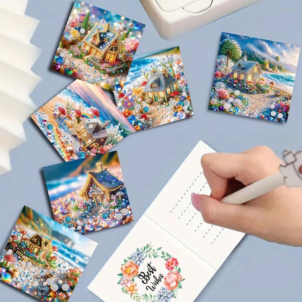 5D Diamond Painting Grußkarten – Glitzerhäuschen am Meer, Unique-Diamond