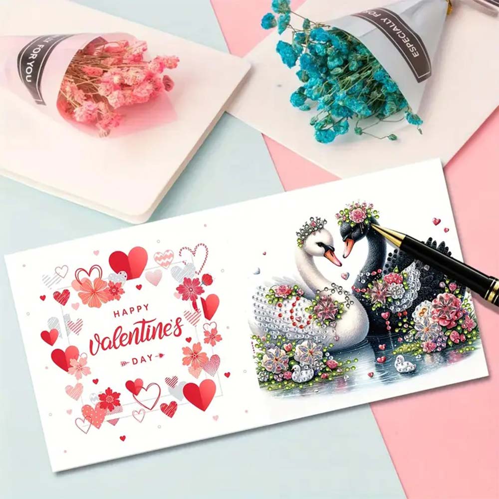 5D Diamond Painting Grußkarten – Schwanenliebe in Rot & Weiß, Unique-Diamond