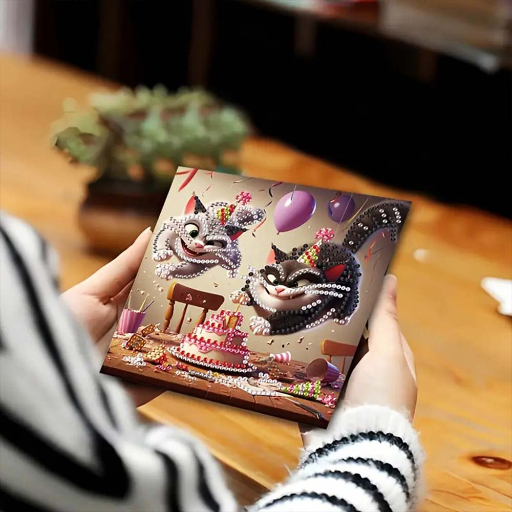 5D Diamond Painting Grußkarten – Tierischer Geburtstagskuchen-Chaos, Unique-Diamond
