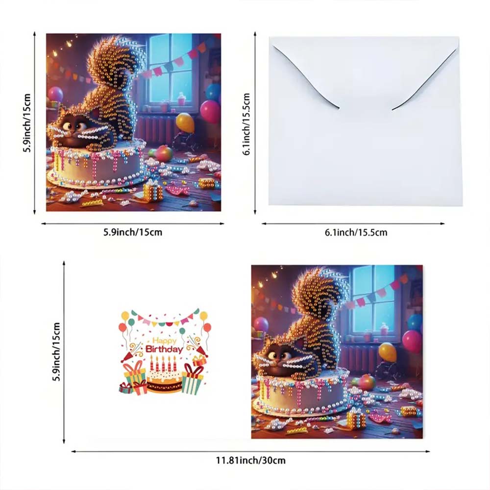 5D Diamond Painting Grußkarten – Tierischer Geburtstagskuchen-Chaos, Unique-Diamond