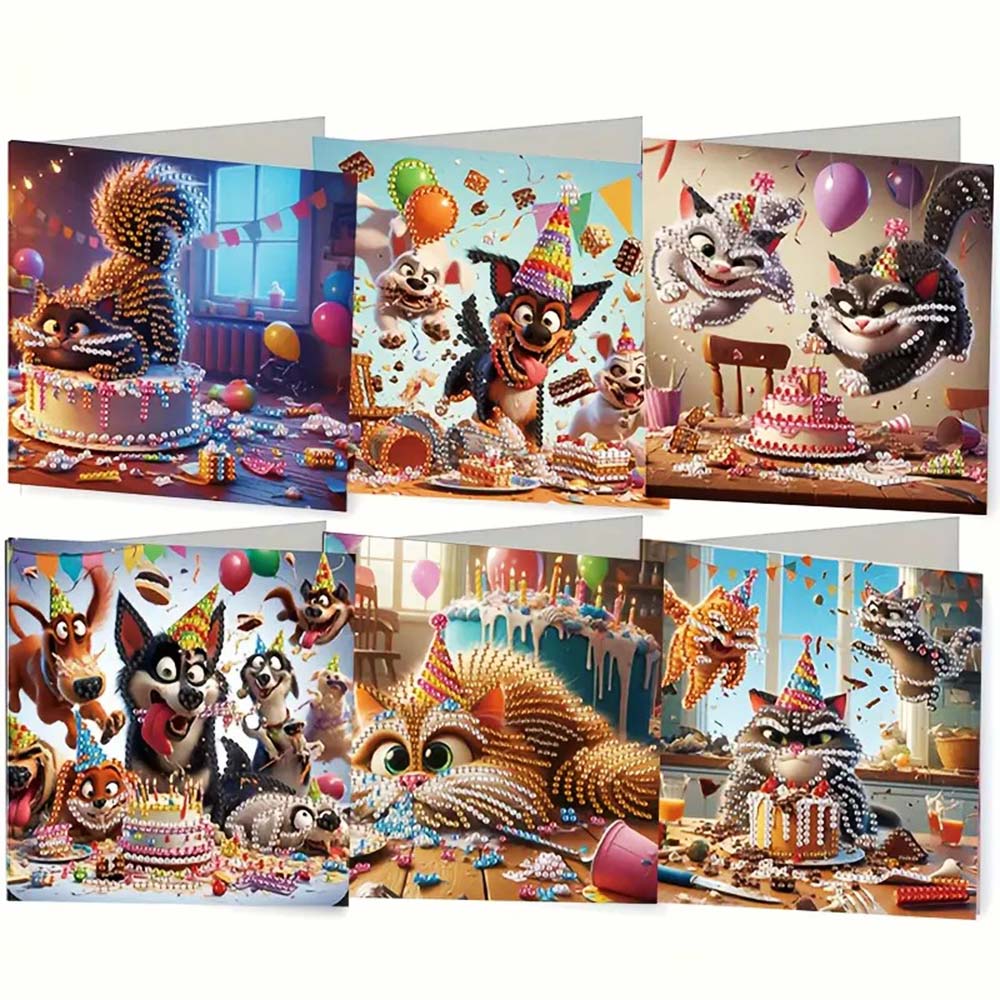 5D Diamond Painting Grußkarten – Tierischer Geburtstagskuchen-Chaos, Unique-Diamond