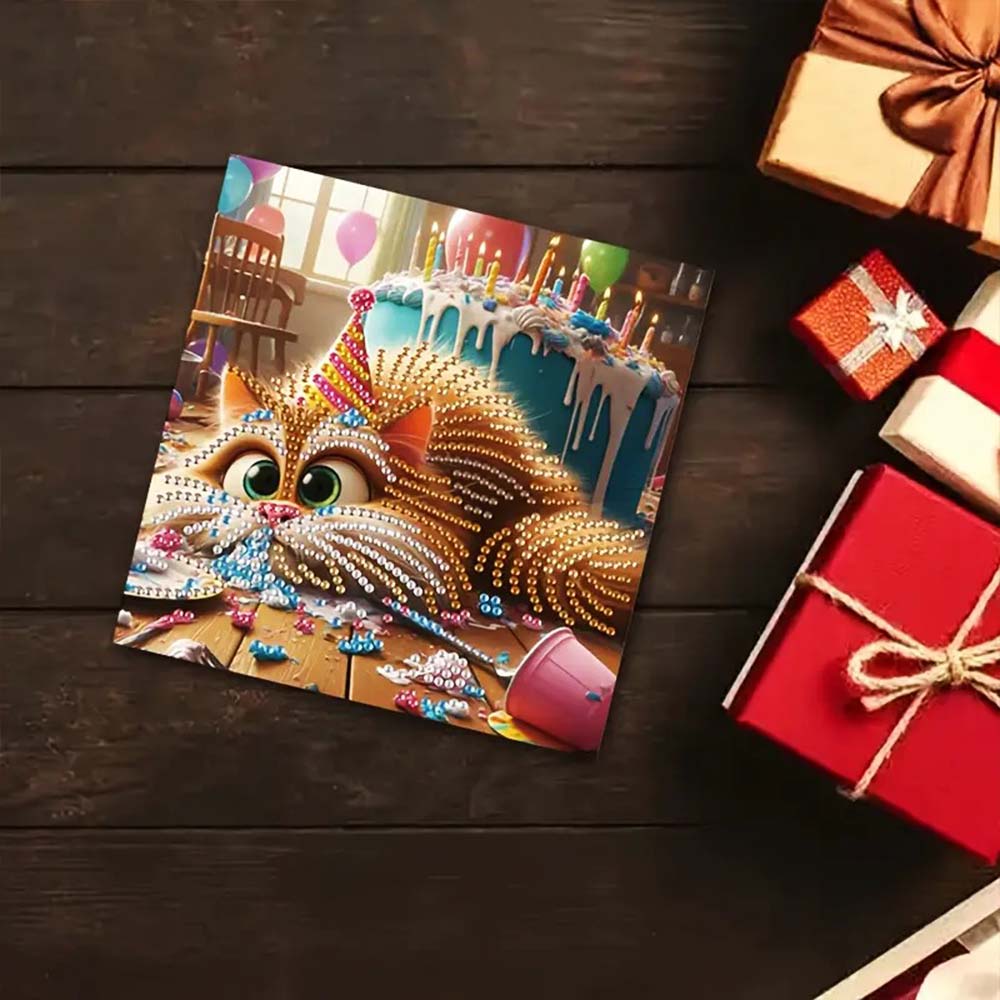 5D Diamond Painting Grußkarten – Tierischer Geburtstagskuchen-Chaos, Unique-Diamond