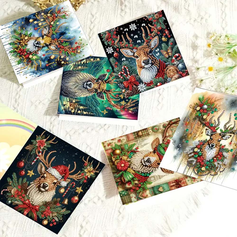 5D Diamond Painting Grußkarten – Weihnachts-Hirsche im Glanz der Lichter, Unique-Diamond