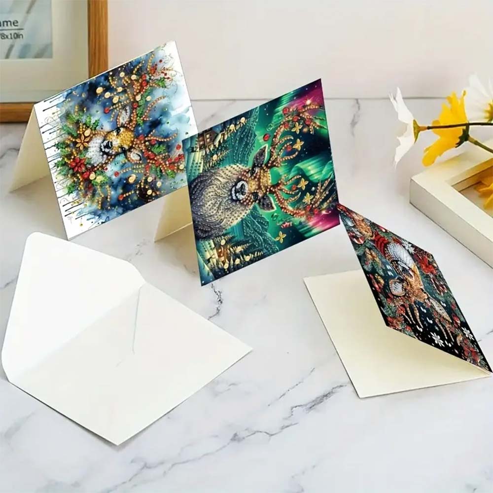 5D Diamond Painting Grußkarten – Weihnachts-Hirsche im Glanz der Lichter, Unique-Diamond