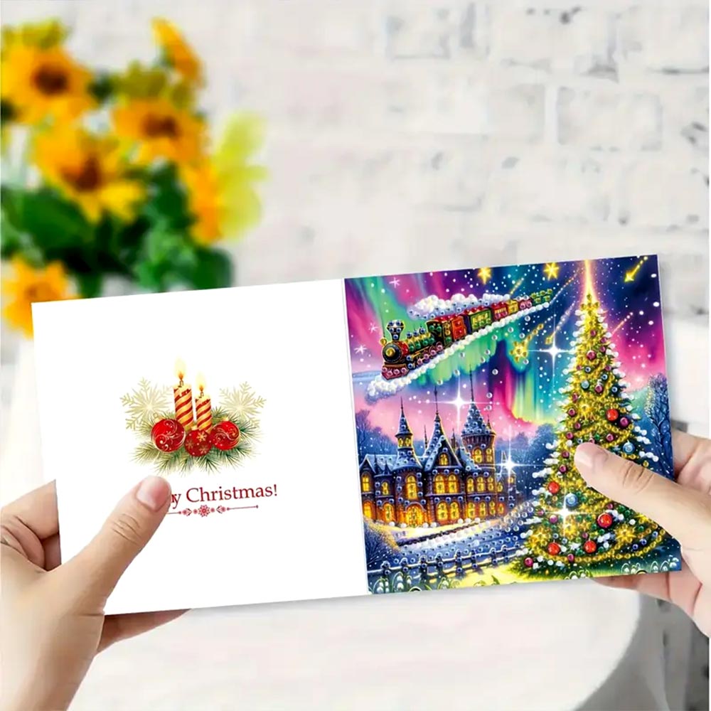 5D Diamond Painting Grußkarten – Weihnachtszug & Nordlichter-Magie, Unique-Diamond