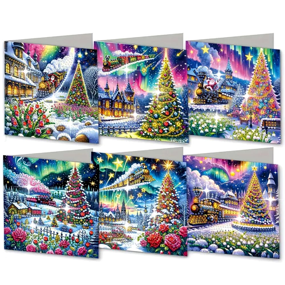 5D Diamond Painting Grußkarten – Weihnachtszug & Nordlichter-Magie, Unique-Diamond