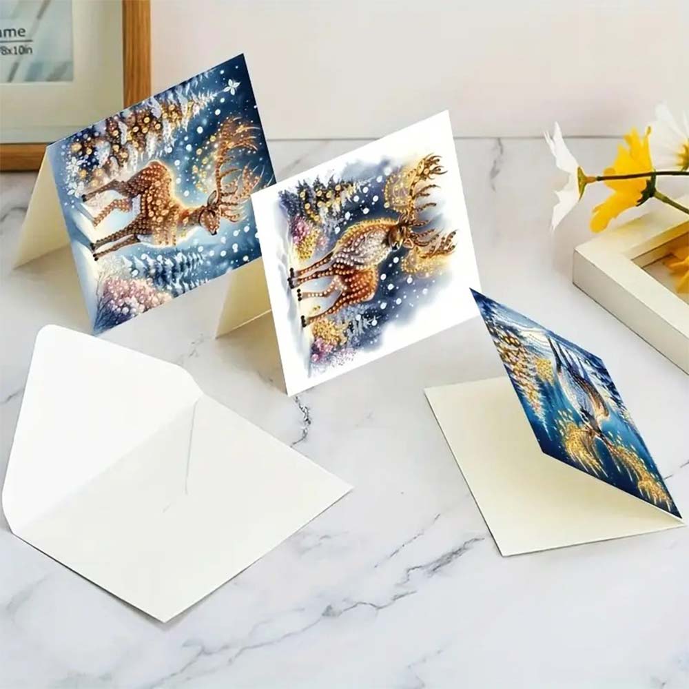 5D Diamond Painting Grußkarten – Winterhirsche im Lichterglanz Unique-Diamond