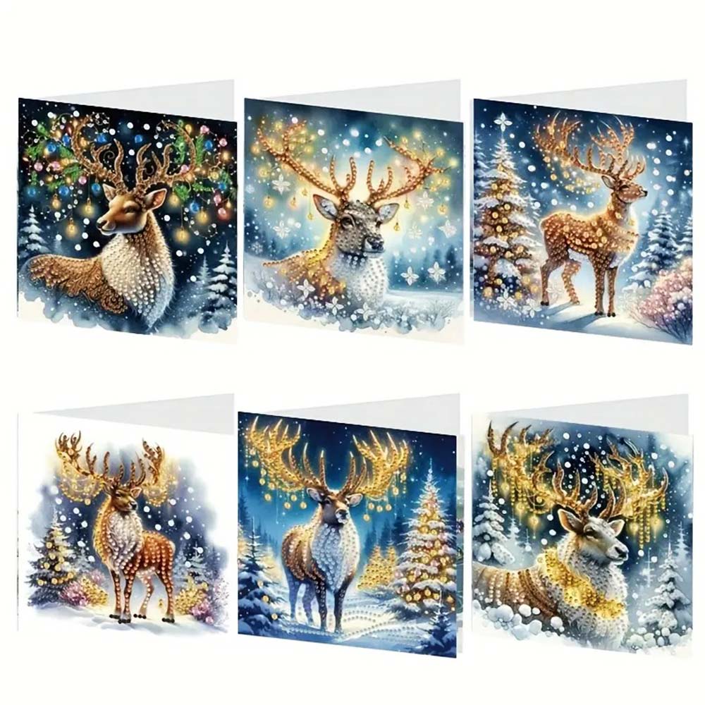 5D Diamond Painting Grußkarten – Winterhirsche im Lichterglanz Unique-Diamond