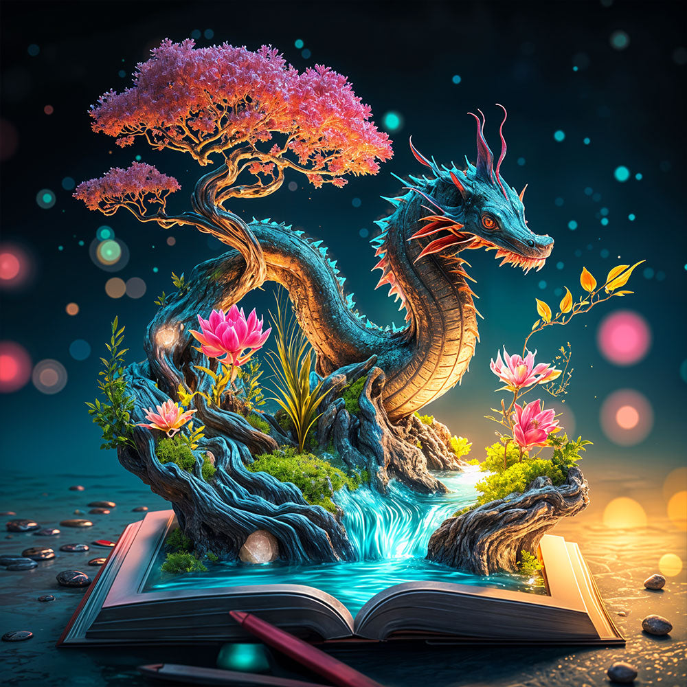 5D Diamond Painting AB Steine Magic Dragon Book, Unique-Diamond