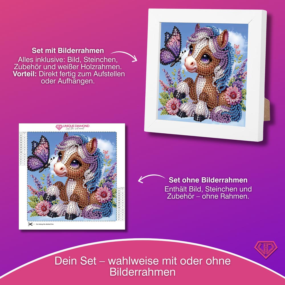 5D Diamond Painting Mini-Bild – Lavendelpony & Schmetterling