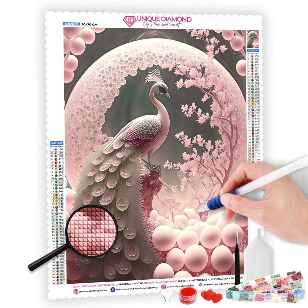 5D Diamond Painting Pink Peacock, Unique-Diamond