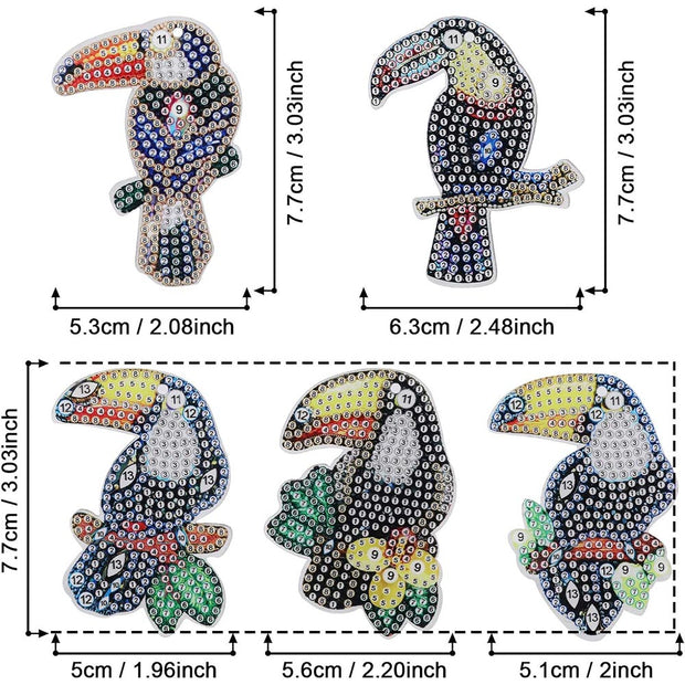 5D Diamond Painting Schlüsselanhänger Papageien 5 Stück, Unique-Diamond