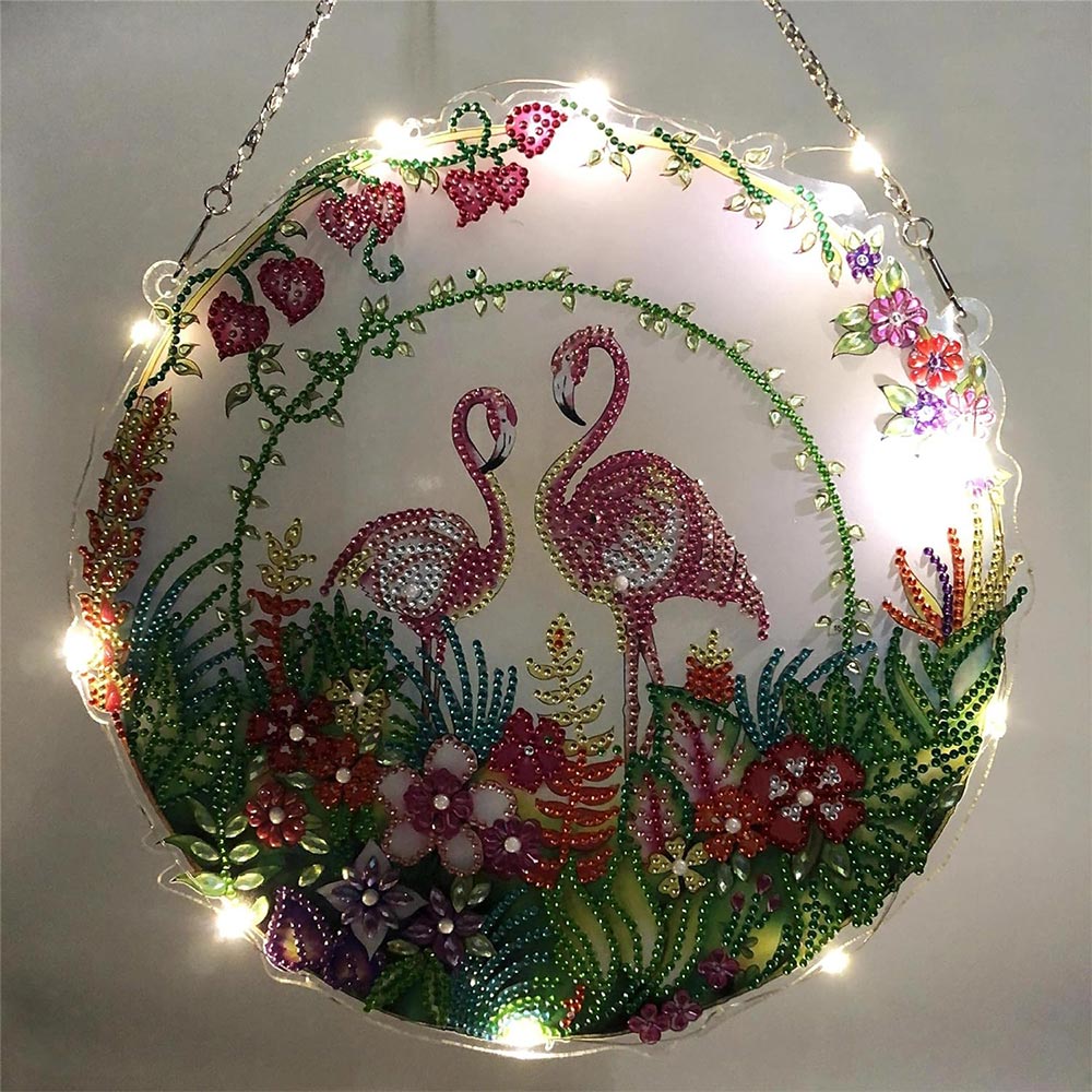 5D Diamond Painting Türanhänger Flamingos mit LED und Anhänger, Unique-Diamond