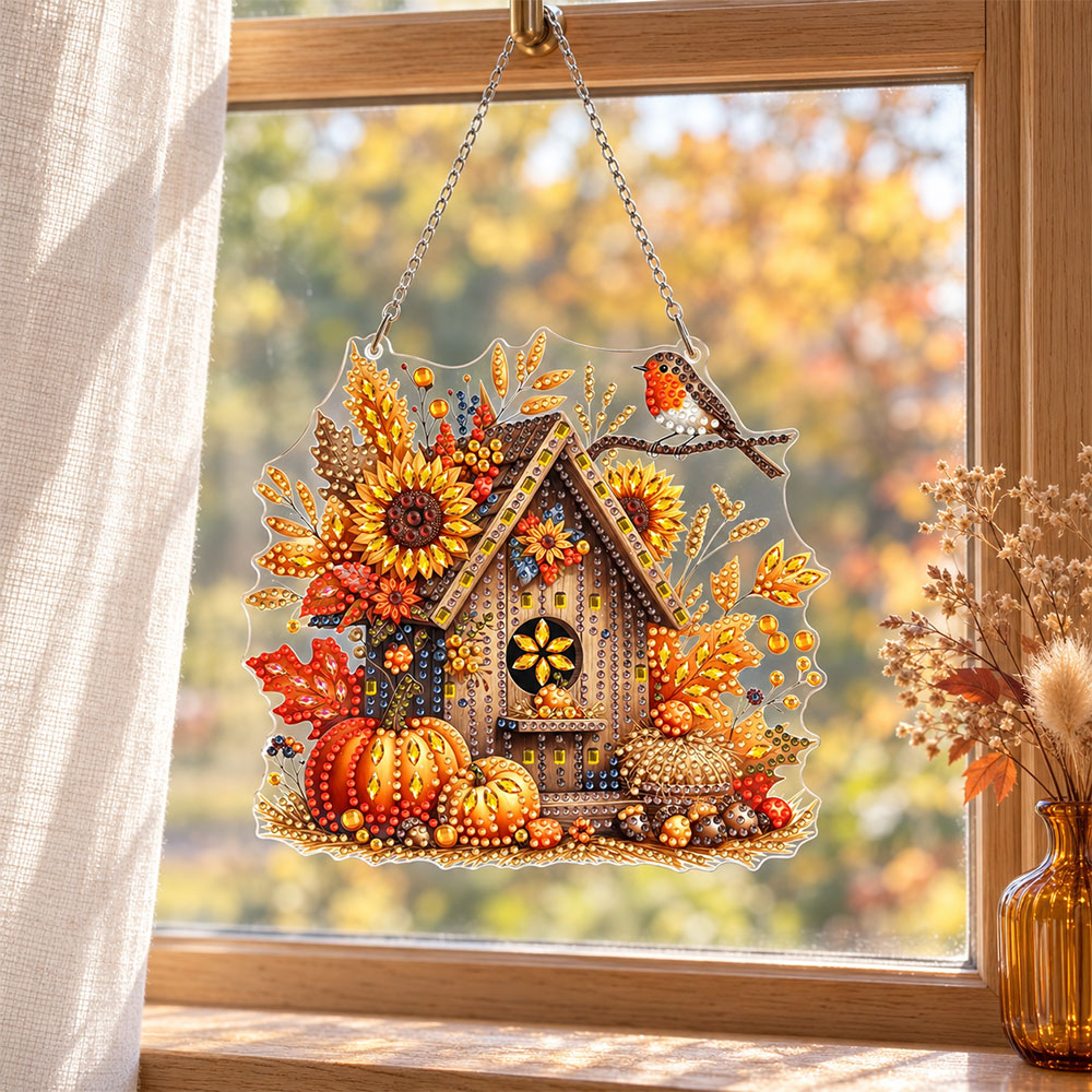 5D Diamond Painting Türanhänger – Herbstglück am Vogelhaus