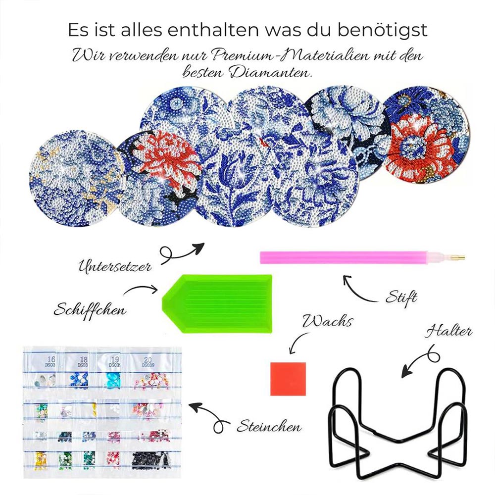 5D Diamond Painting Untersetzer – Blumenmuster Eleganz in Blau und Rot, Unique-Diamond