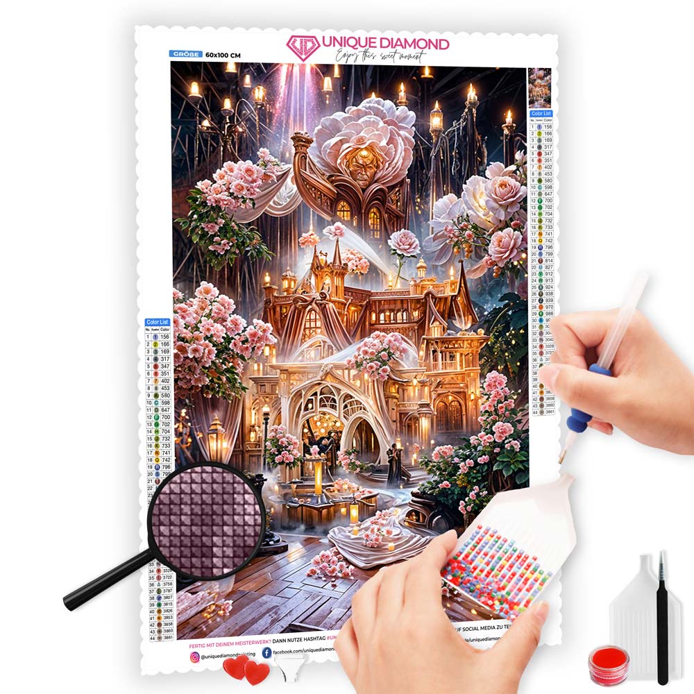 5D Diamond Painting XXL AB Steine Rosen Schloss, Unique-Diamond