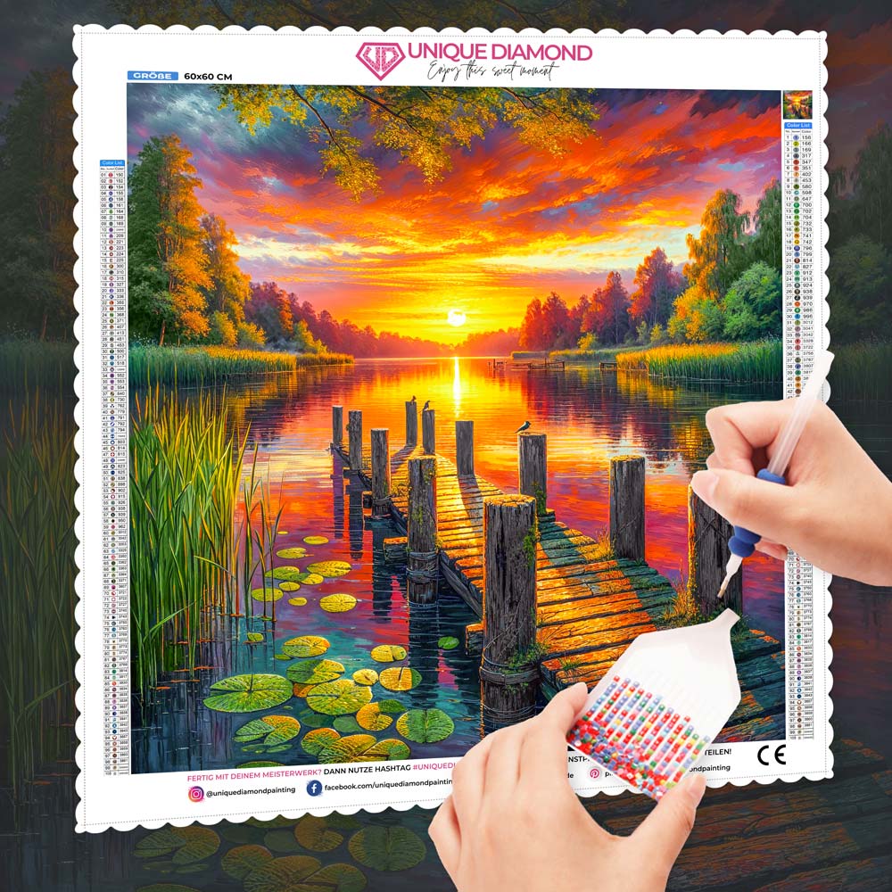 5D Diamond Painting – Abendgold am Seeufer, Unique-Diamond