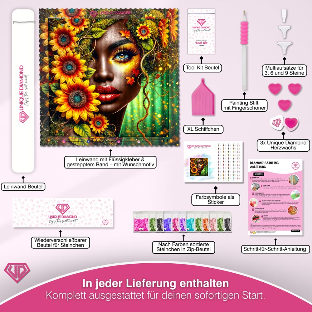 5D Diamond Painting – Amara, Seele der Sonnenblumen Unique-Diamond