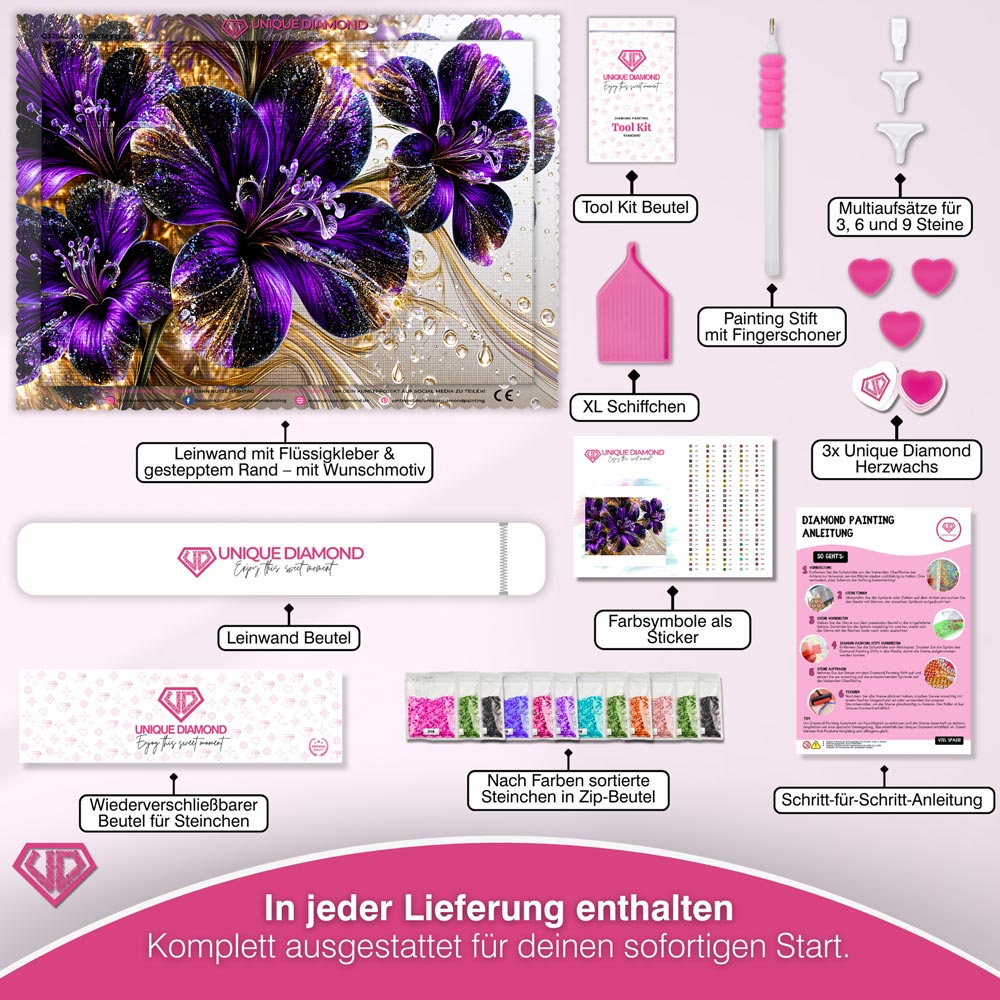 5D Diamond Painting – Amethystblüten im Goldrausch