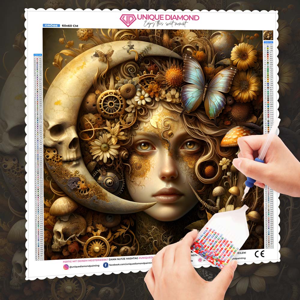 5D Diamond Painting – Aurelia und das Uhrwerk des Herbstmondes Unique-Diamond