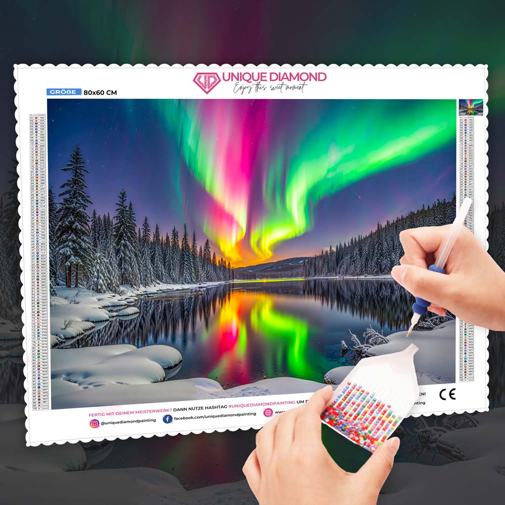 5D Diamond Painting – Aurora über dem Eiskristallwald, Unique-Diamond
