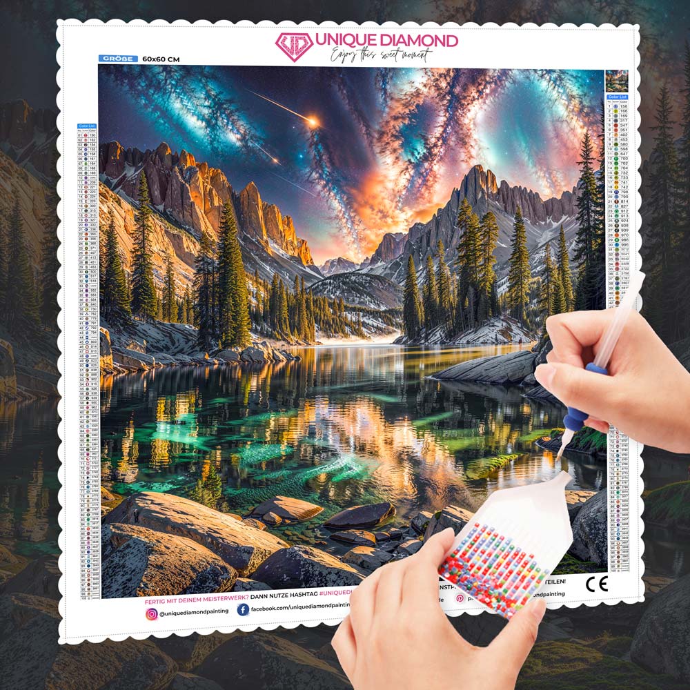 5D Diamond Painting – Aurora über dem Kristallsee, Unique-Diamond