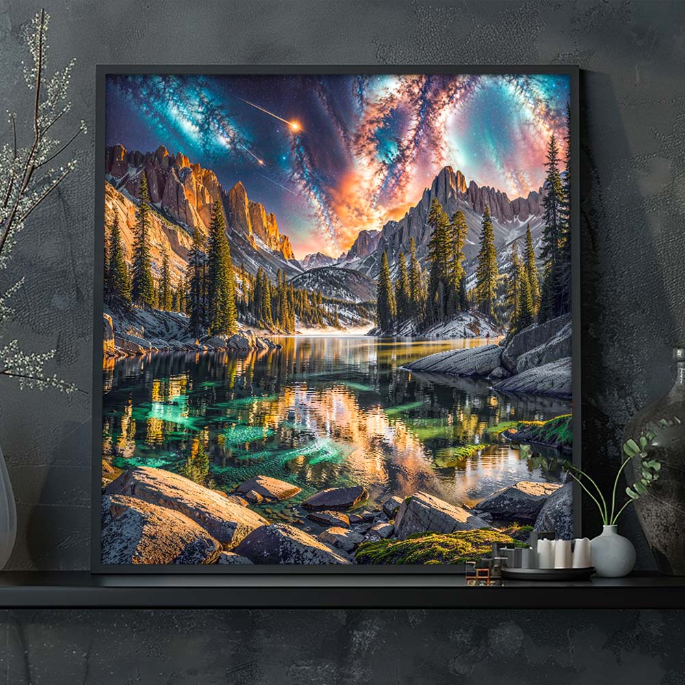 5D Diamond Painting – Aurora über dem Kristallsee, Unique-Diamond
