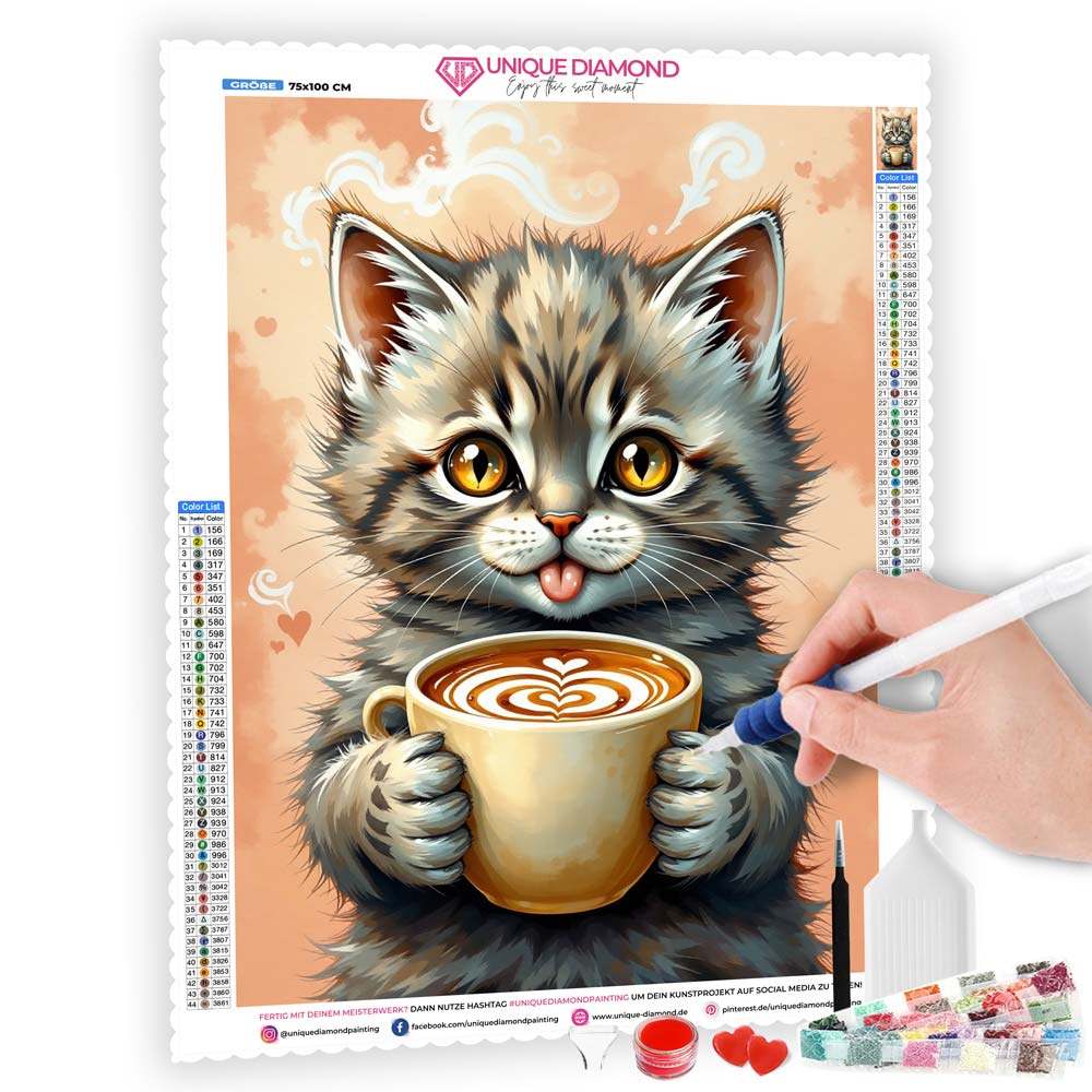 5D Diamond Painting – Bella, das Kaffeekätzchen, Unique-Diamond