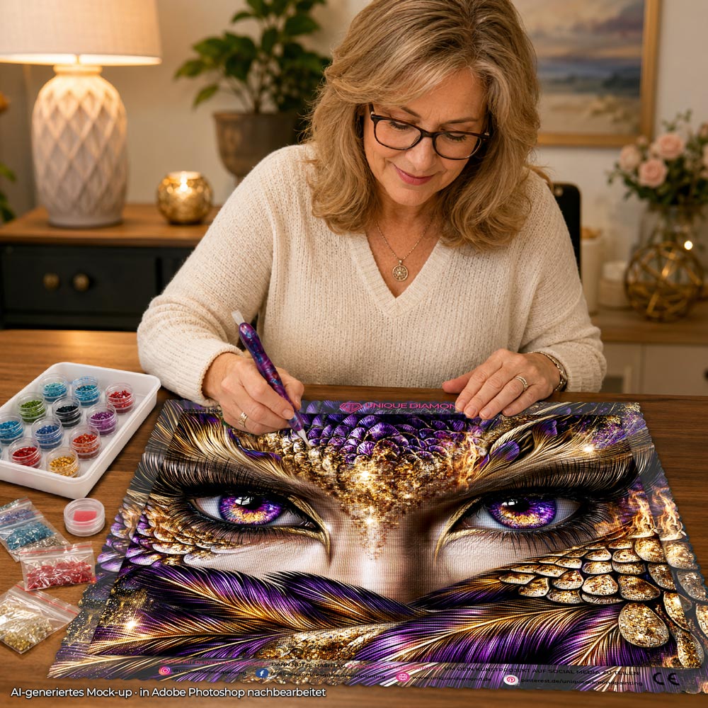 5D Diamond Painting – Blick der goldenen Federmagie