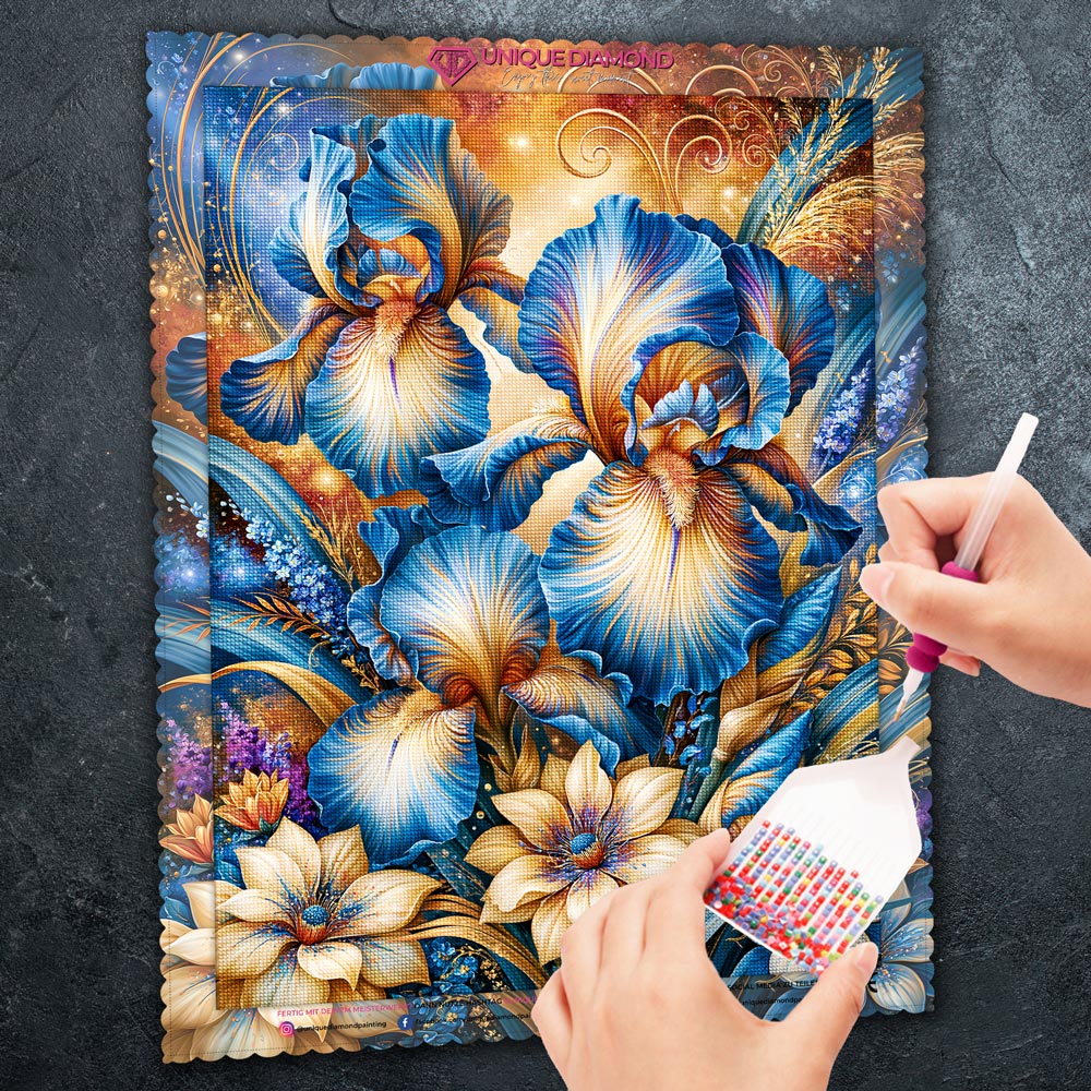 5D Diamond Painting – Blue Iris Golden Radiance