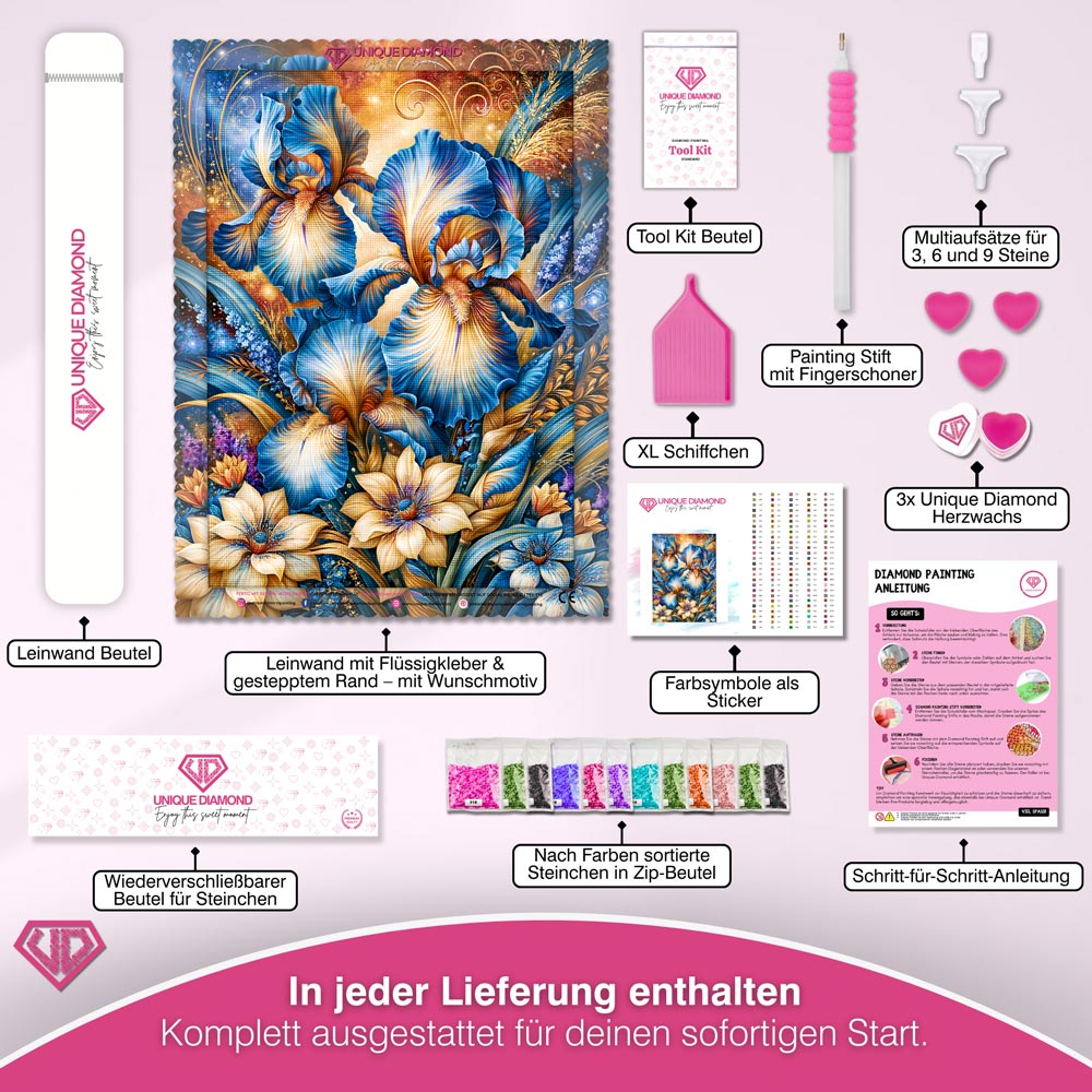 5D Diamond Painting – Blue Iris Golden Radiance