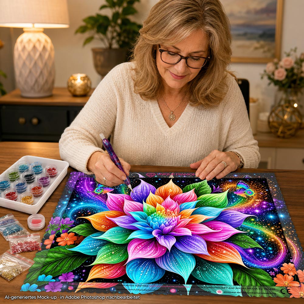 5D Diamond Painting – Blüte im kosmischen Farbenlicht