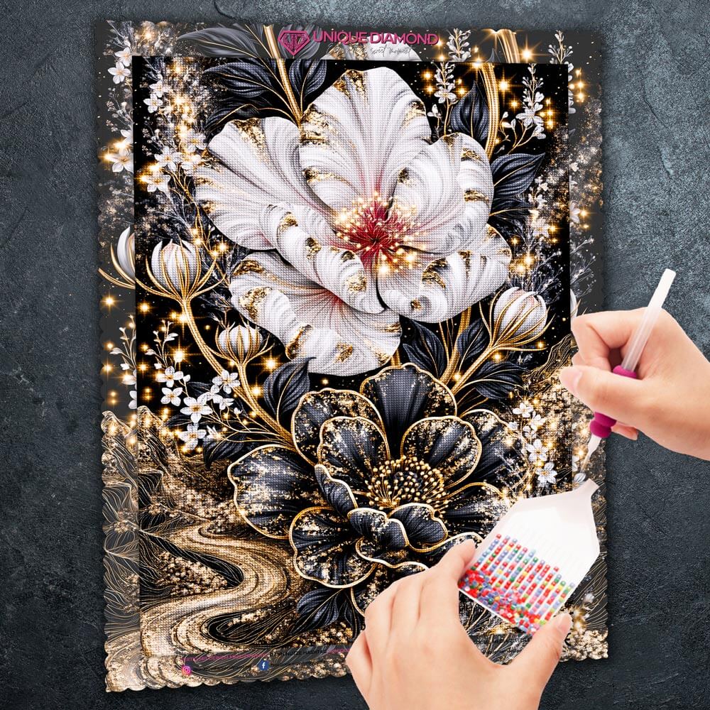 5D Diamond Painting – Blütenduett im Sternengold