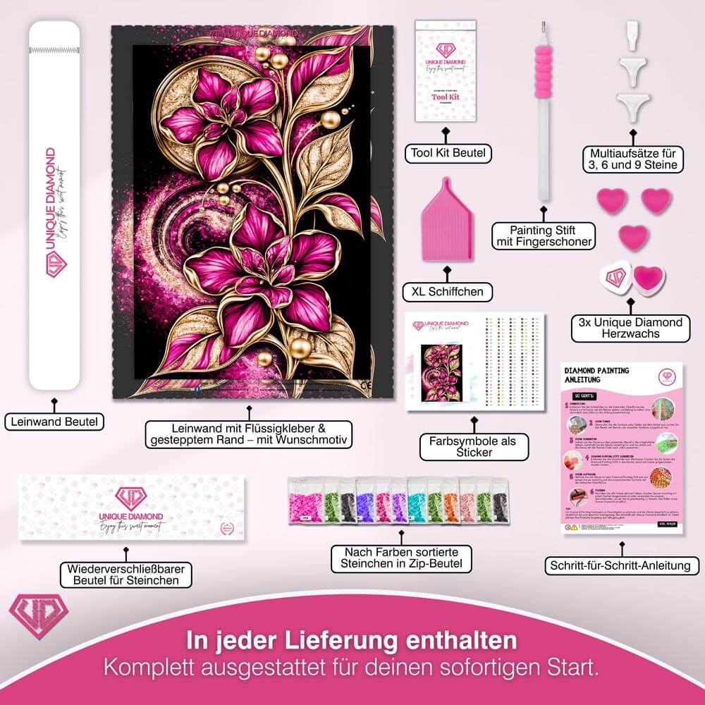 5D Diamond Painting – Blütenjuwel in Magenta & Gold