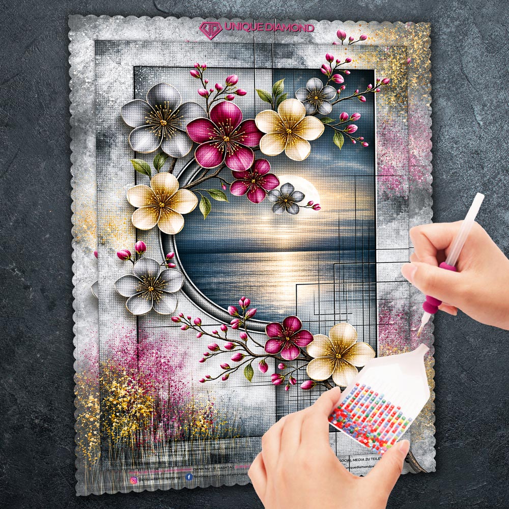 5D Diamond Painting – Blütenmond über dem stillen Meer