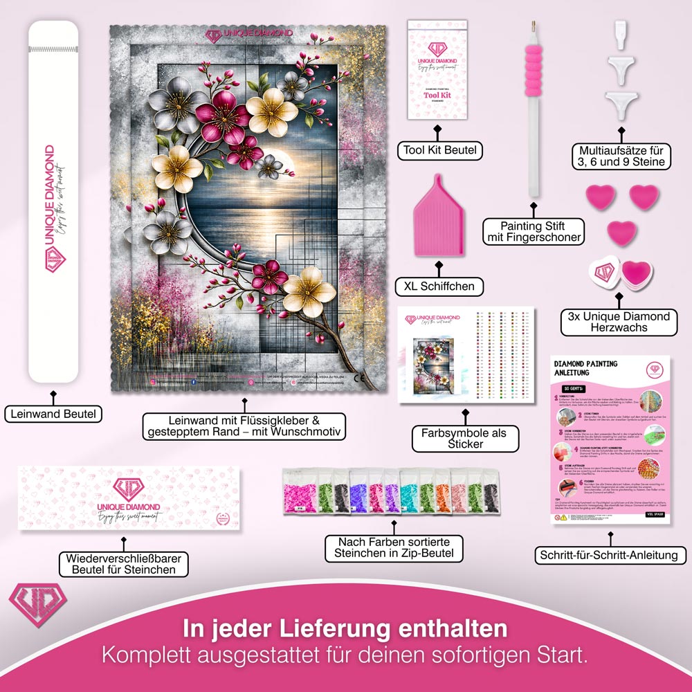 5D Diamond Painting – Blütenmond über dem stillen Meer