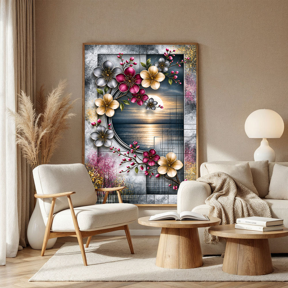 5D Diamond Painting – Blütenmond über dem stillen Meer