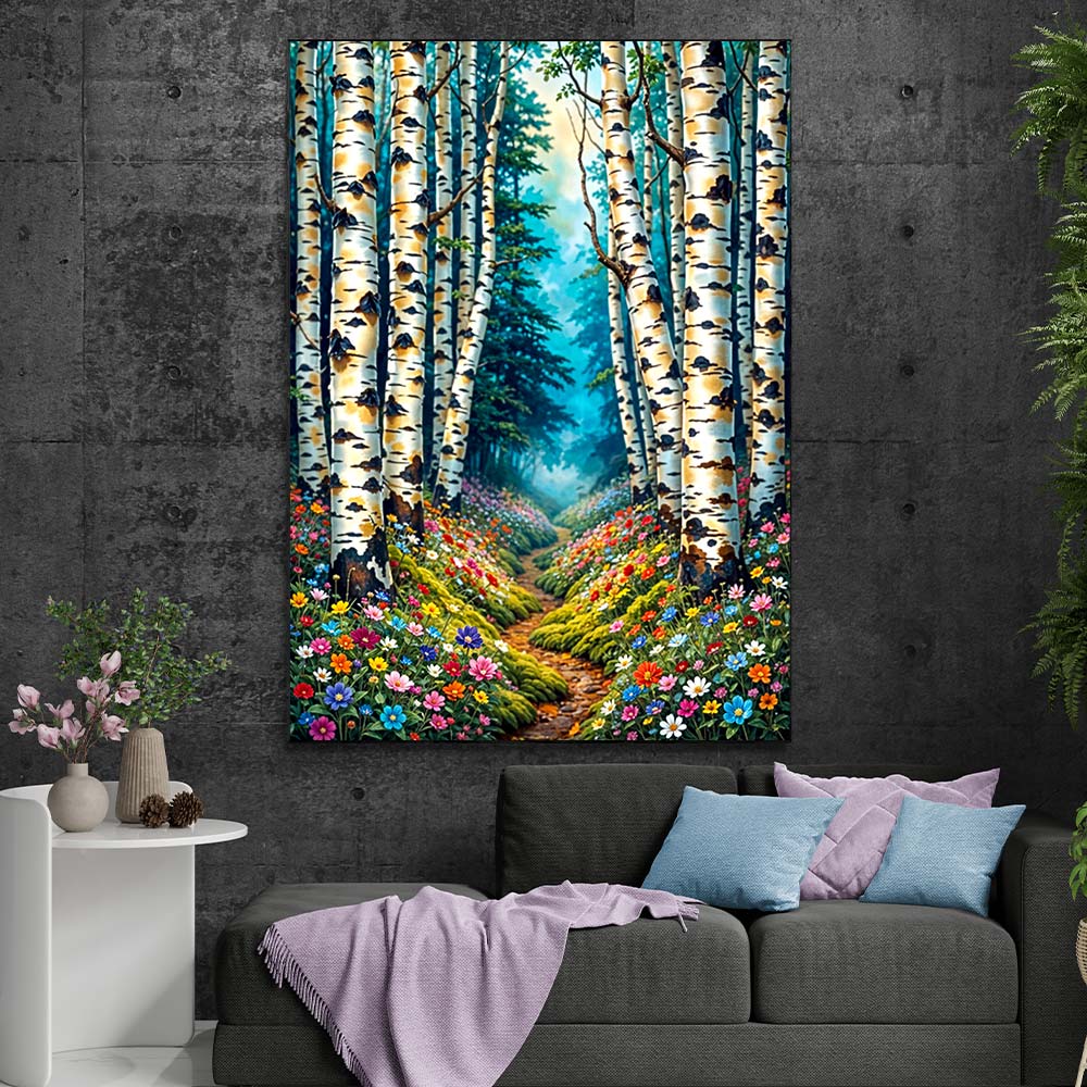 5D Diamond Painting – Blütenpfad im Birkenwald, Unique-Diamond