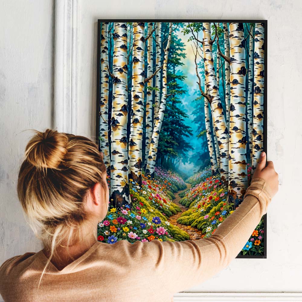 5D Diamond Painting – Blütenpfad im Birkenwald, Unique-Diamond