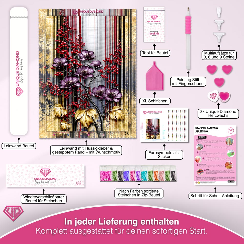 5D Diamond Painting – Blütenpoesie in Purpur & Gold