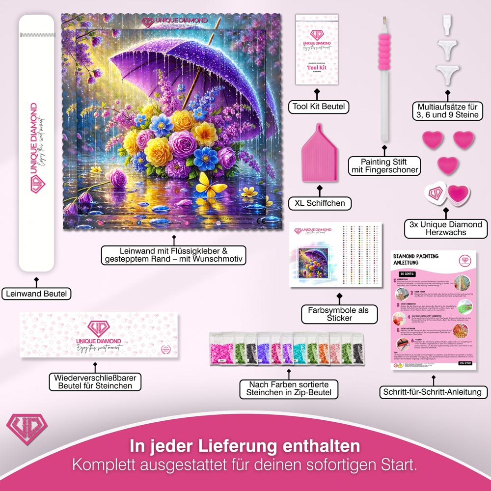 5D Diamond Painting – Blütenschirm im Frühlingsregen Unique-Diamond