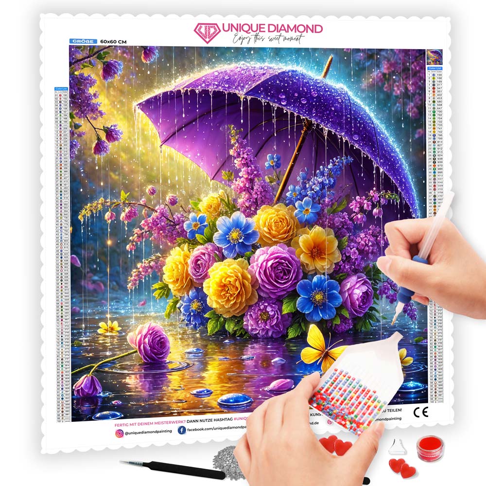 5D Diamond Painting – Blütenschirm im Frühlingsregen, Unique-Diamond