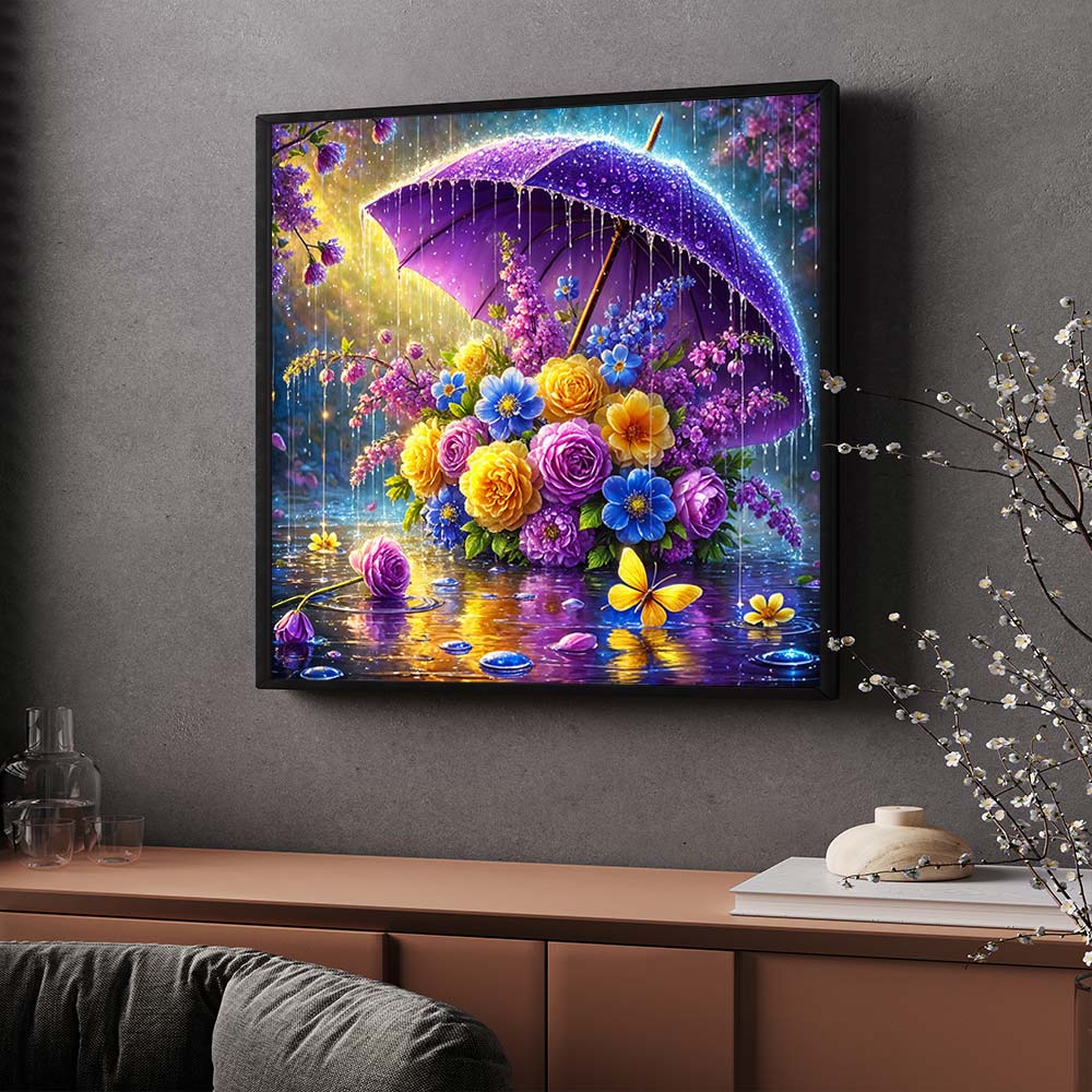 5D Diamond Painting – Blütenschirm im Frühlingsregen Unique-Diamond