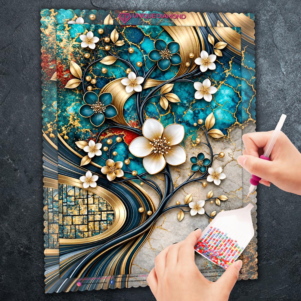 5D Diamond Painting – Blütentanz in Türkis & Gold