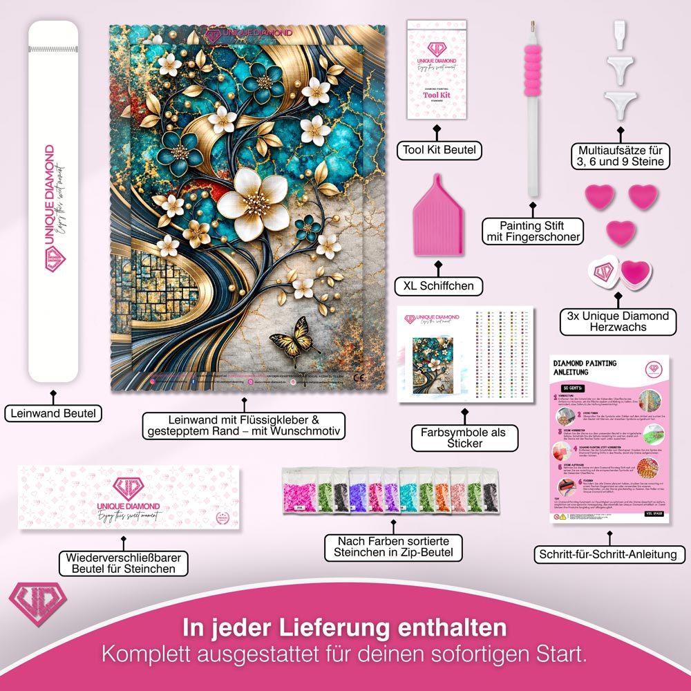 5D Diamond Painting – Blütentanz in Türkis & Gold