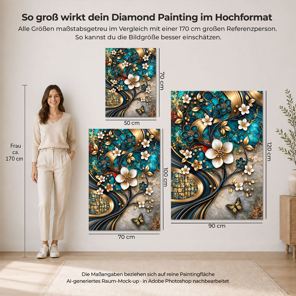 5D Diamond Painting – Blütentanz in Türkis & Gold