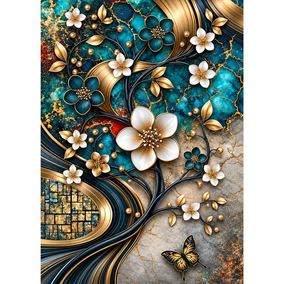 5D Diamond Painting – Blütentanz in Türkis & Gold | Unique Diamond