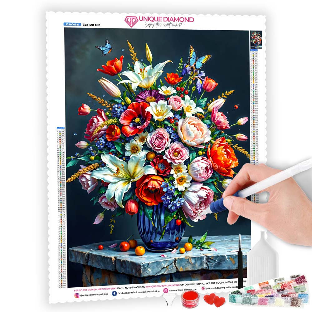 5D Diamond Painting – Blumenpracht in der Vase mit 100 Farben, Unique-Diamond