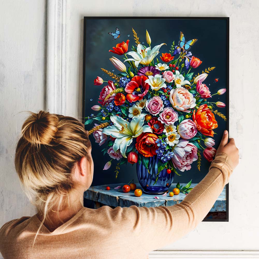 5D Diamond Painting – Blumenpracht in der Vase mit 100 Farben, Unique-Diamond