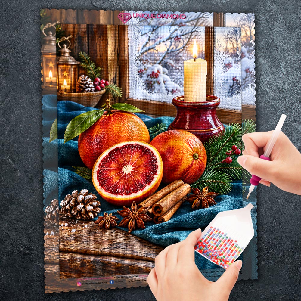 5D Diamond Painting – Blutorangen im winterlichen Kerzenschein